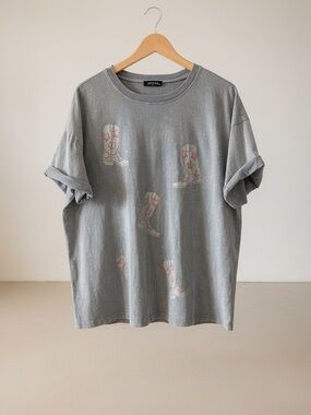 Zutter USA Cowboy Boots Pink Sparkle Star Graphic Tee Gray Size L